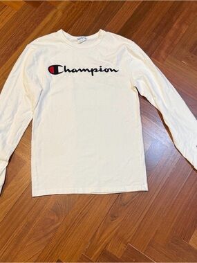 Champion Cream Long-Sleeve Script Logo Tee with Red Accent